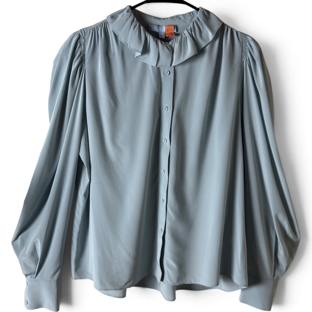 Antonio Melani Ruffle Collar Silk Blouse Light Blue Womens Medium Smocked Sleeve